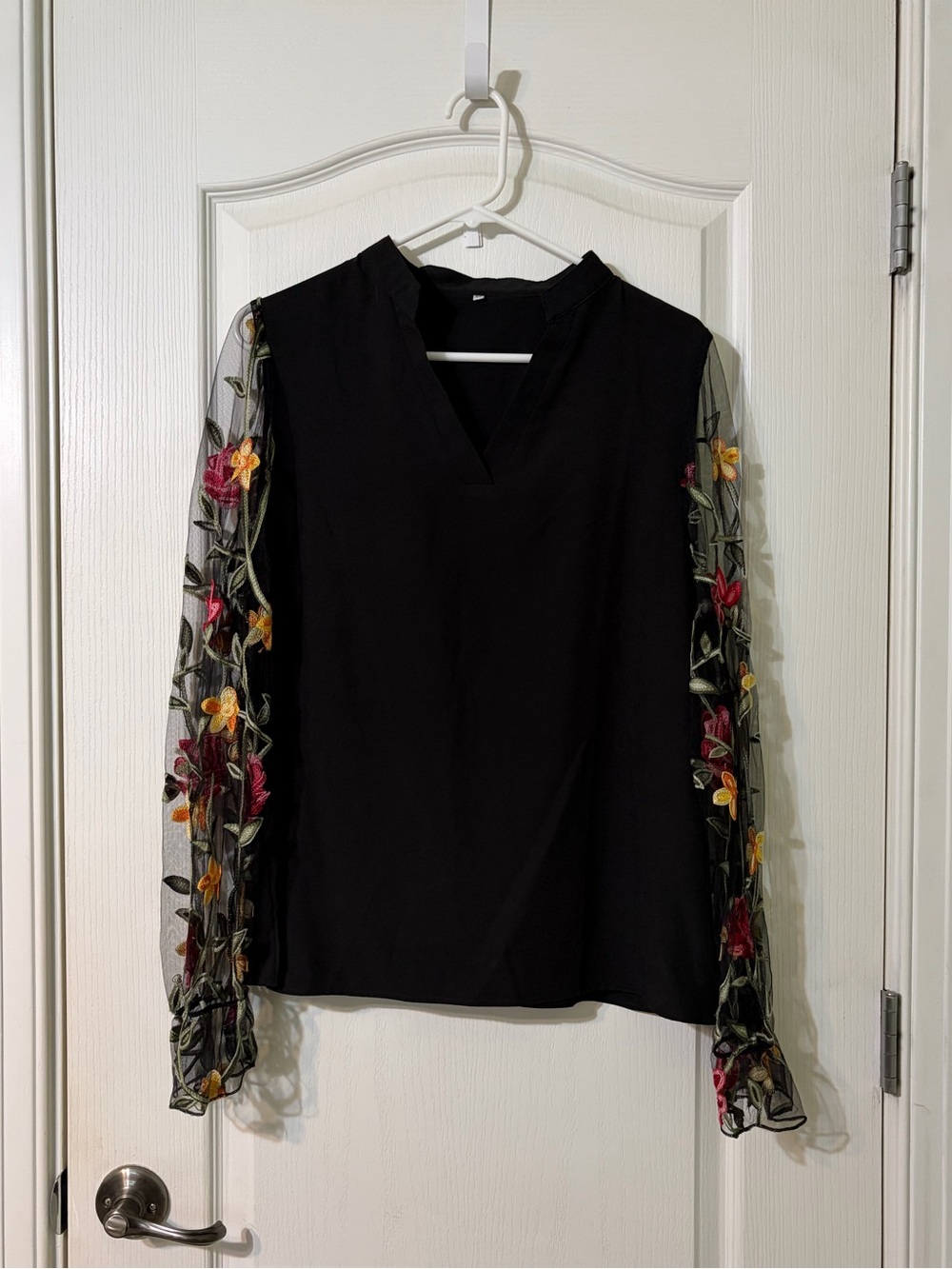 Black Women's V-Neck Top with Embroidered Mesh Sleeves